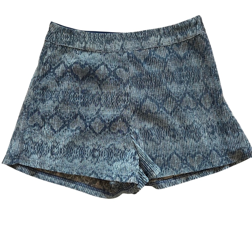TCEC Blue Silver Metallic Snakeskin Pleated Shorts Med Side Zip Festival Night
